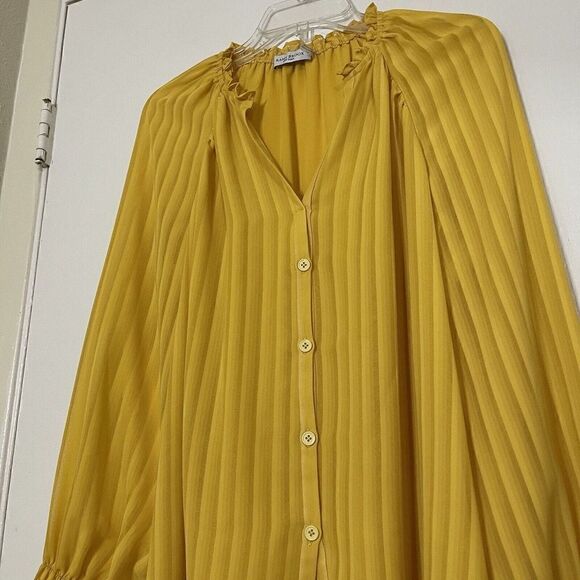 RAMY BROOK Yellow pinstripe ruffle collar lightweight button front blouse Small - Picture 2 of 5
